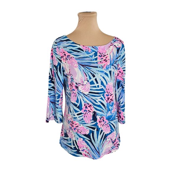 Lily Pulitzer Waverly Top Pink Blue Floral 3/4 Sleeve Sz M - Picture 1 of 7